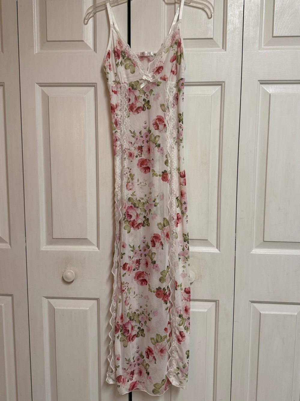 Floral Lace Trim Long Slip Nightgown - Pink Floral